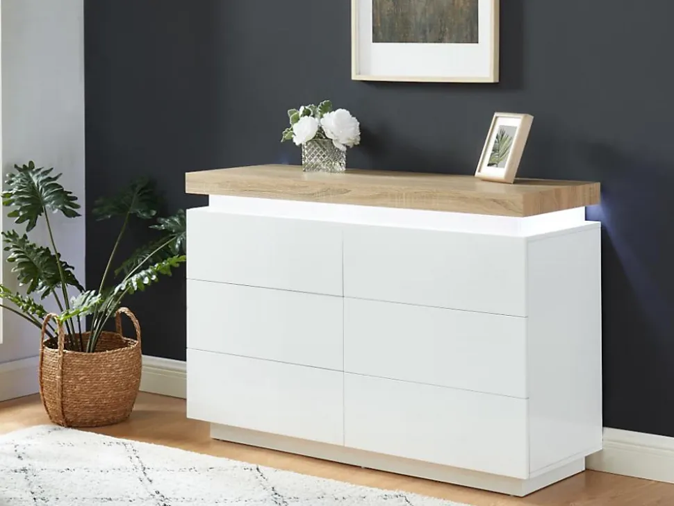 Commode HALO II - 6 tiroirs - MDF laqué - Avec LEDs - Coloris : Blanc et Chêne