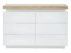 Commode HALO II - 6 tiroirs - MDF laqué - Avec LEDs - Coloris : Blanc et Chêne