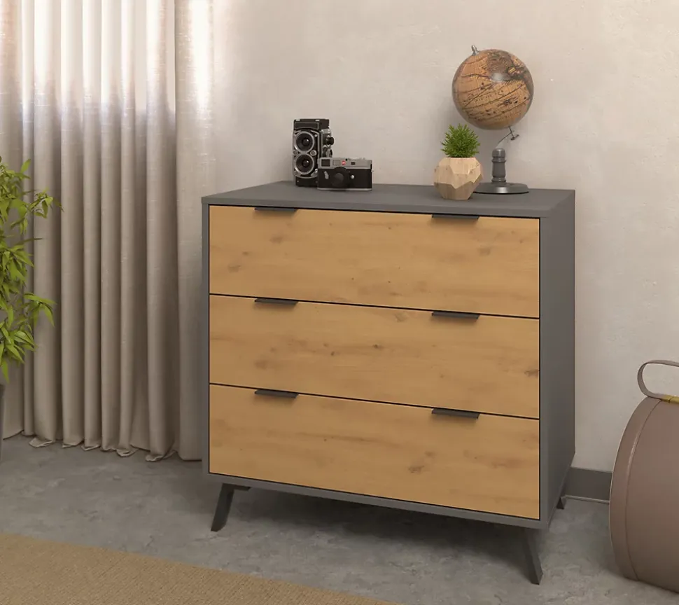 Commode, meuble de rangement avec 3 tiroirs coloris gris, chêne - Hauteur 78 x Longueur 80 x profondeur 48 cm