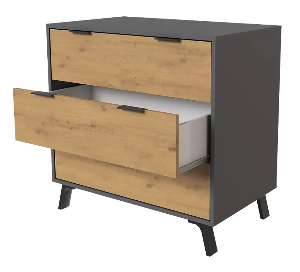 Commode, meuble de rangement avec 3 tiroirs coloris gris, chêne - Hauteur 78 x Longueur 80 x profondeur 48 cm