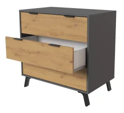 Commode, meuble de rangement avec 3 tiroirs coloris gris, chêne - Hauteur 78 x Longueur 80 x profondeur 48 cm