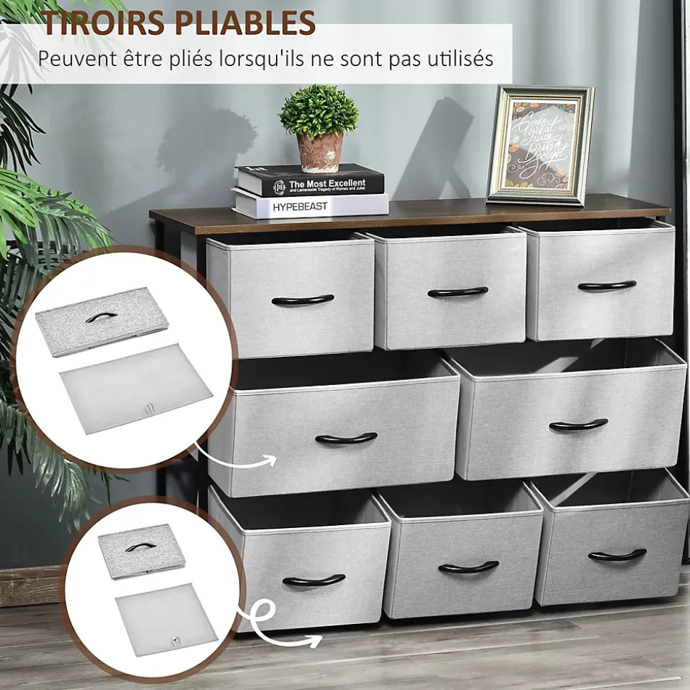 Commode meuble de rangement 8 tiroirs pliables en tissu 100 x 30 x 78,5 cm gris