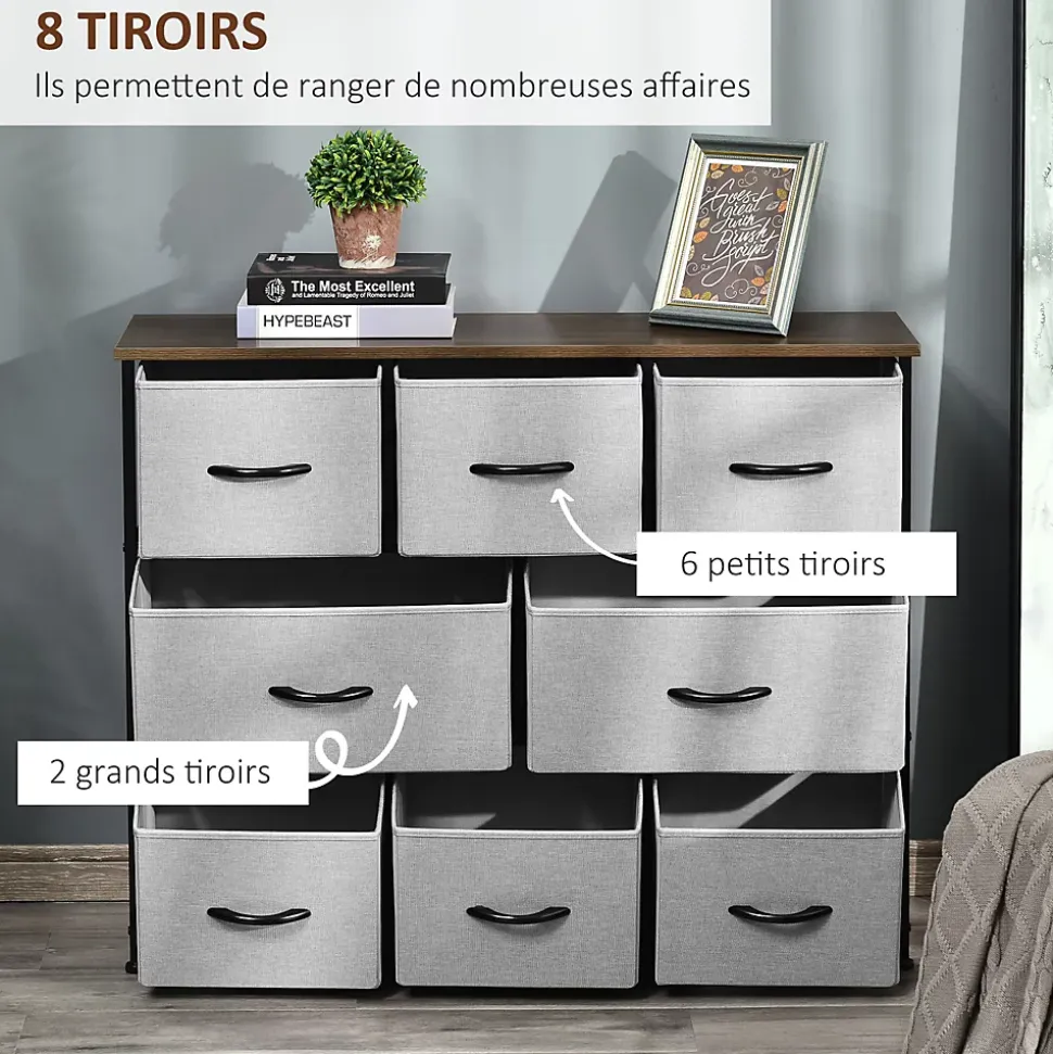 Commode meuble de rangement 8 tiroirs pliables en tissu 100 x 30 x 78,5 cm gris
