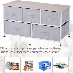Commode meuble de rangement dim. 100L x 30l x 54H cm 5 tiroirs non-tissés gris structure métal blanc plateau MDF bois clair