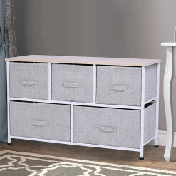 Commode meuble de rangement dim. 100L x 30l x 54H cm 5 tiroirs non-tissés gris structure métal blanc plateau MDF bois clair