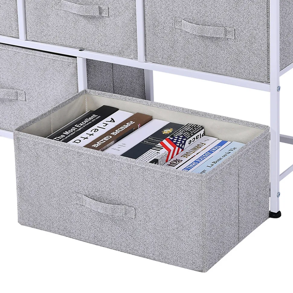 Commode meuble de rangement dim. 100L x 30l x 54H cm 5 tiroirs non-tissés gris structure métal blanc plateau MDF bois clair