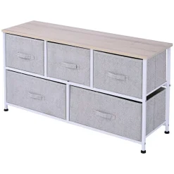 Commode meuble de rangement dim. 100L x 30l x 54H cm 5 tiroirs non-tissés gris structure métal blanc plateau MDF bois clair