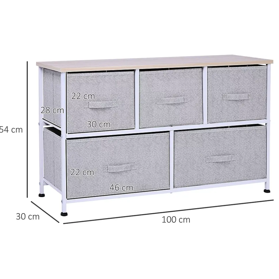 Commode meuble de rangement dim. 100L x 30l x 54H cm 5 tiroirs non-tissés gris structure métal blanc plateau MDF bois clair