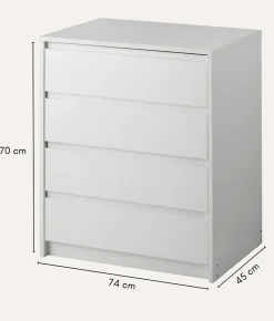 Commode, Meuble de rangement avec 4 tiroirs coloris blanc - Hauteur 74 x Longueur 70 x profondeur 45 cm