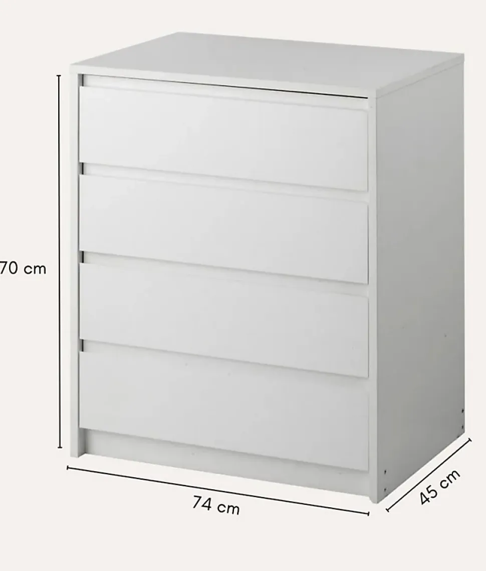 Commode, Meuble de rangement avec 4 tiroirs coloris blanc - Hauteur 74 x Longueur 70 x profondeur 45 cm