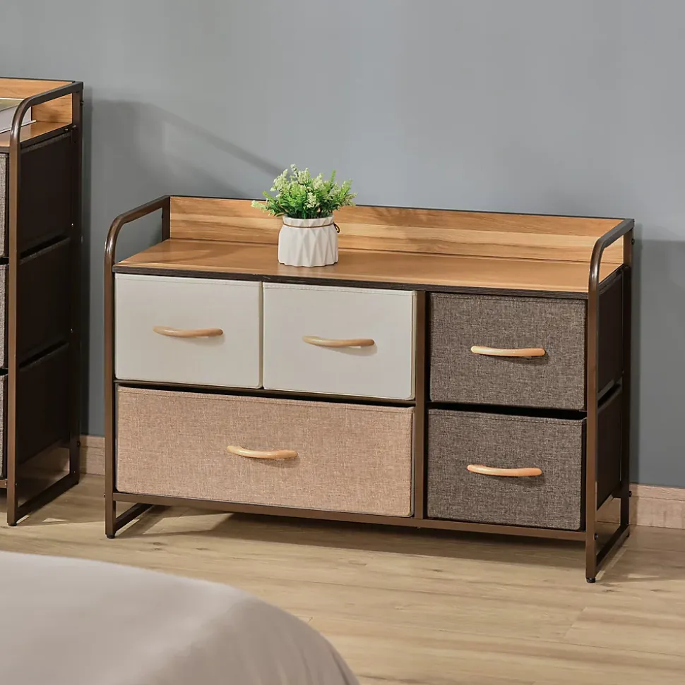Commode meuble de rangement 5 tiroirs en tissu 87,5 x 29 x 58 cm Marron et beige