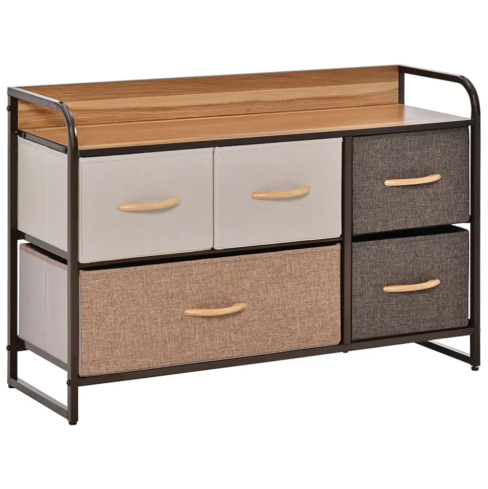 Commode meuble de rangement 5 tiroirs en tissu 87,5 x 29 x 58 cm Marron et beige