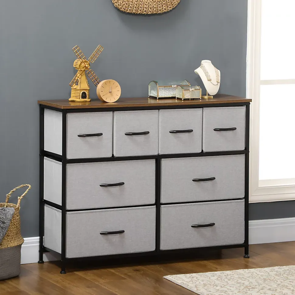 Commode meuble de rangement 8 tiroirs - dim. 100L x 30l x 78H cm - structure acier noir tissu pliant gris