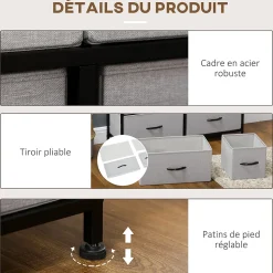 Commode meuble de rangement 8 tiroirs - dim. 100L x 30l x 78H cm - structure acier noir tissu pliant gris