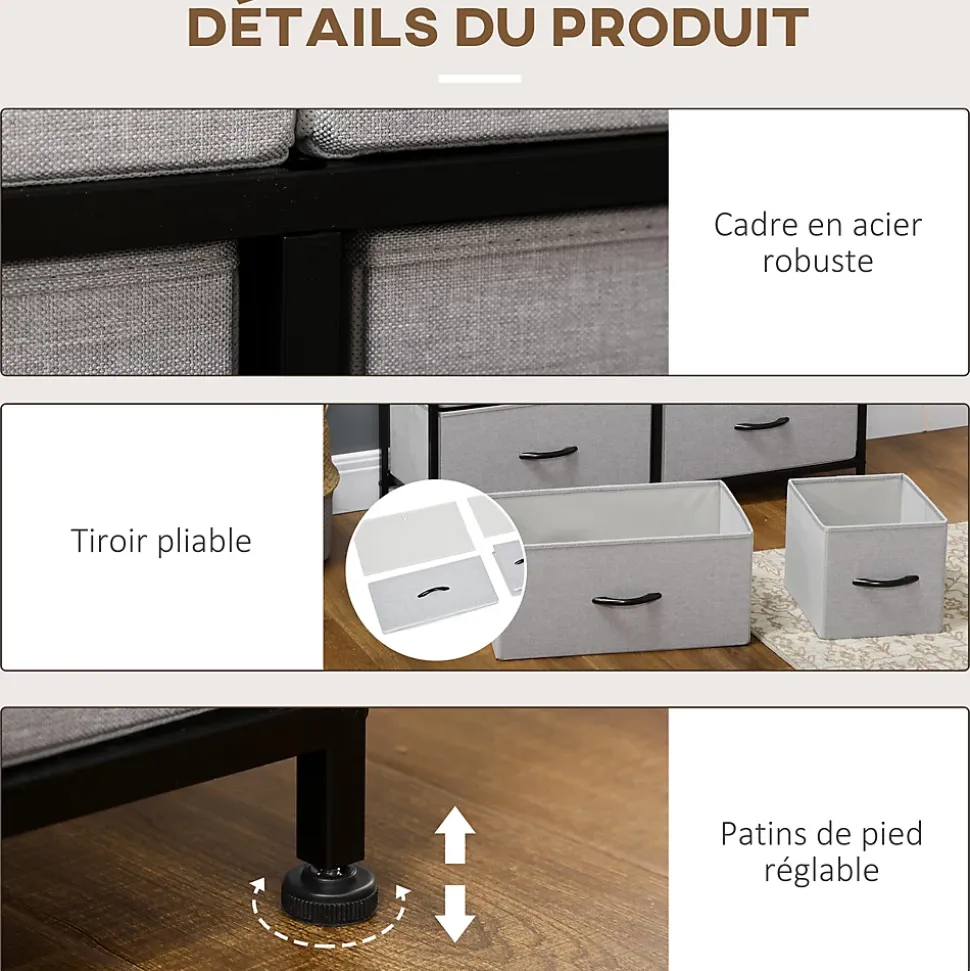 Commode meuble de rangement 8 tiroirs - dim. 100L x 30l x 78H cm - structure acier noir tissu pliant gris