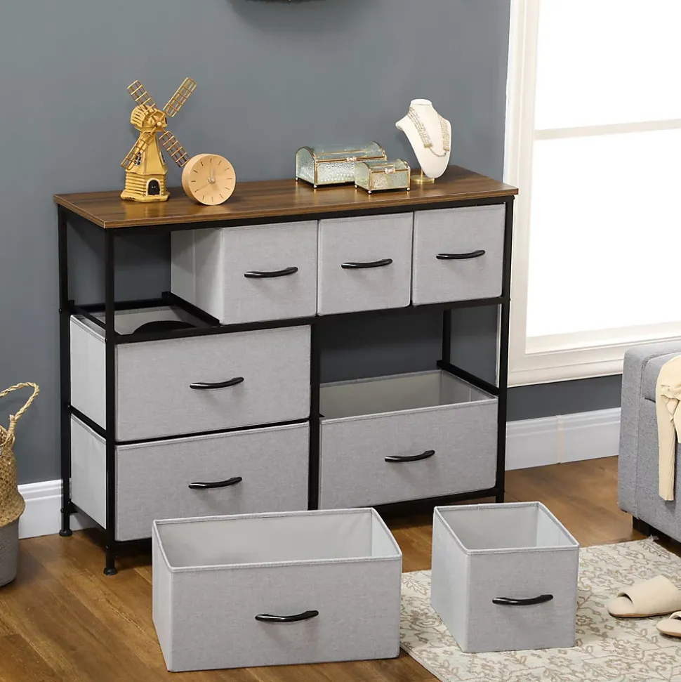 Commode meuble de rangement 8 tiroirs - dim. 100L x 30l x 78H cm - structure acier noir tissu pliant gris
