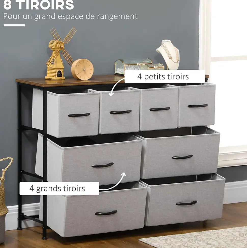 Commode meuble de rangement 8 tiroirs - dim. 100L x 30l x 78H cm - structure acier noir tissu pliant gris