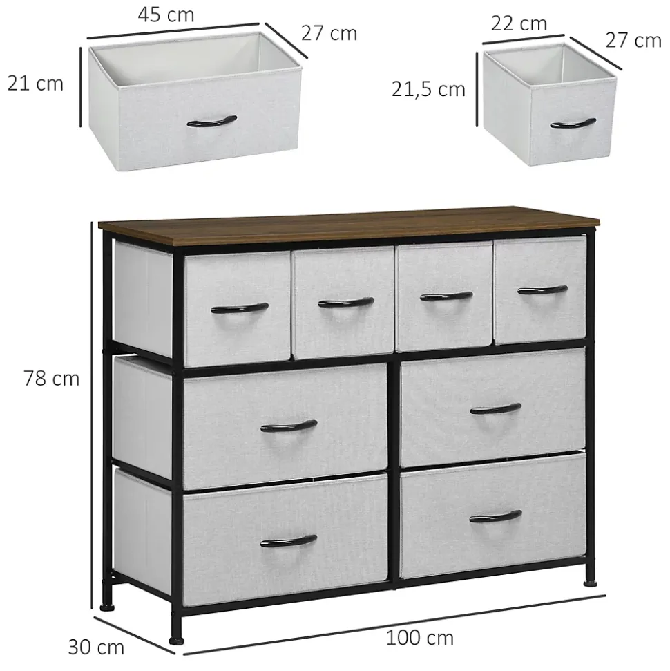 Commode meuble de rangement 8 tiroirs - dim. 100L x 30l x 78H cm - structure acier noir tissu pliant gris