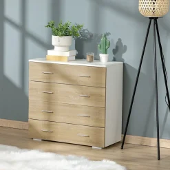 Commode meuble de rangement style contemporain 4 tiroirs 76 x 35 x 72 cm blanc et couleur bois