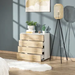Commode meuble de rangement style contemporain 4 tiroirs 76 x 35 x 72 cm blanc et couleur bois