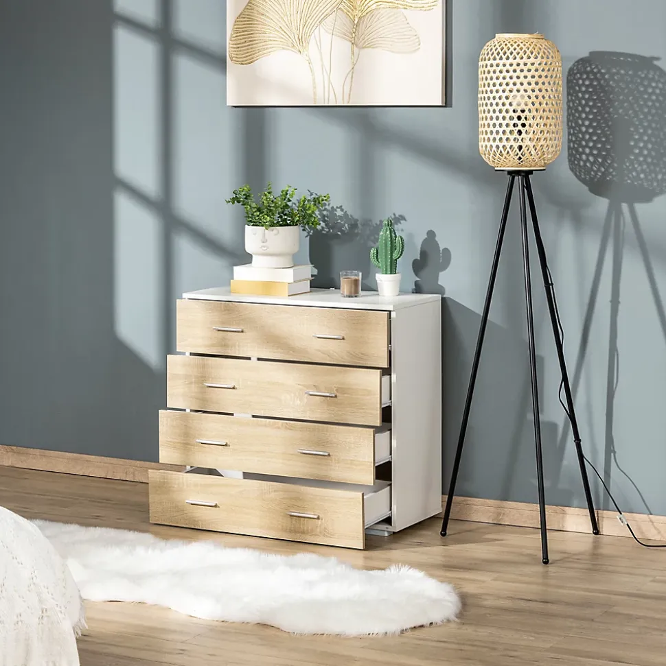 Commode meuble de rangement style contemporain 4 tiroirs 76 x 35 x 72 cm blanc et couleur bois
