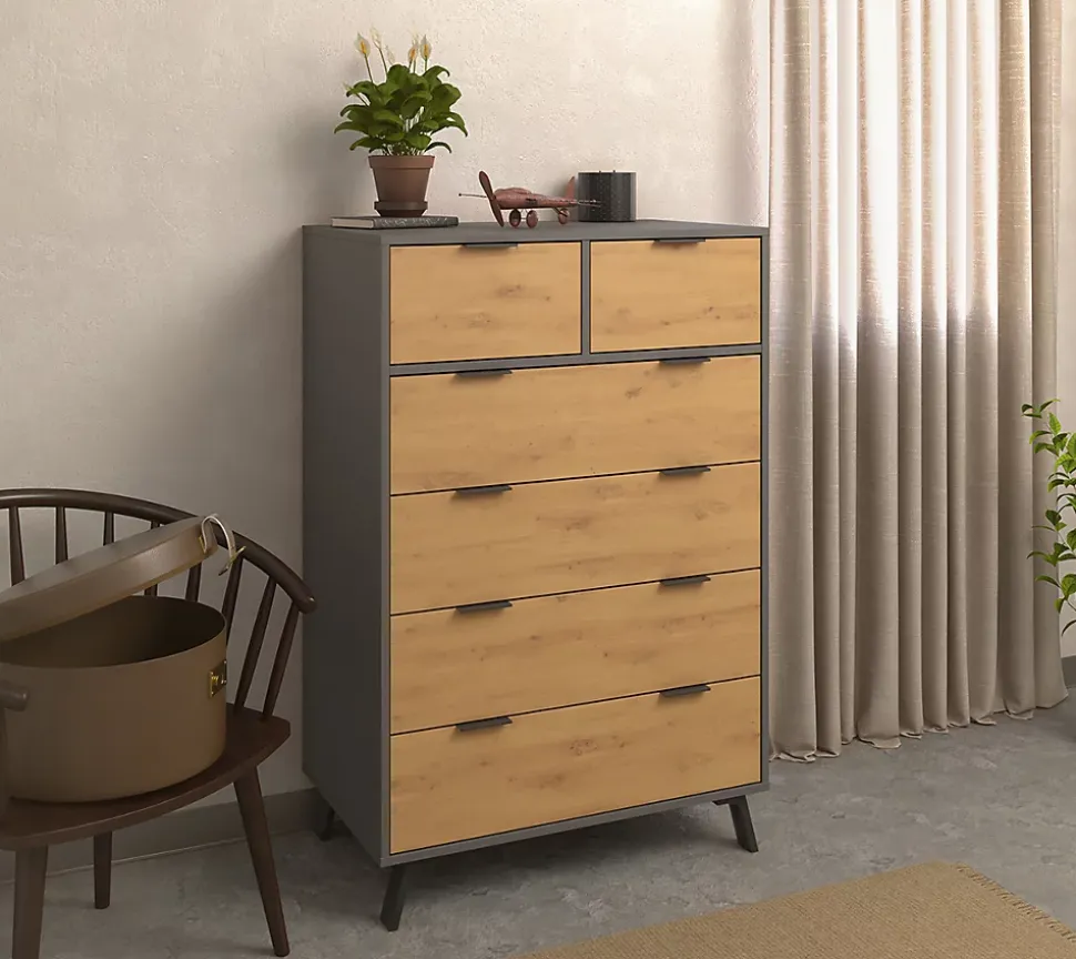 Commode, meuble de rangement avec 6 tiroirs coloris gris, chêne - Hauteur 122 x Longueur 80 x profondeur 48 cm