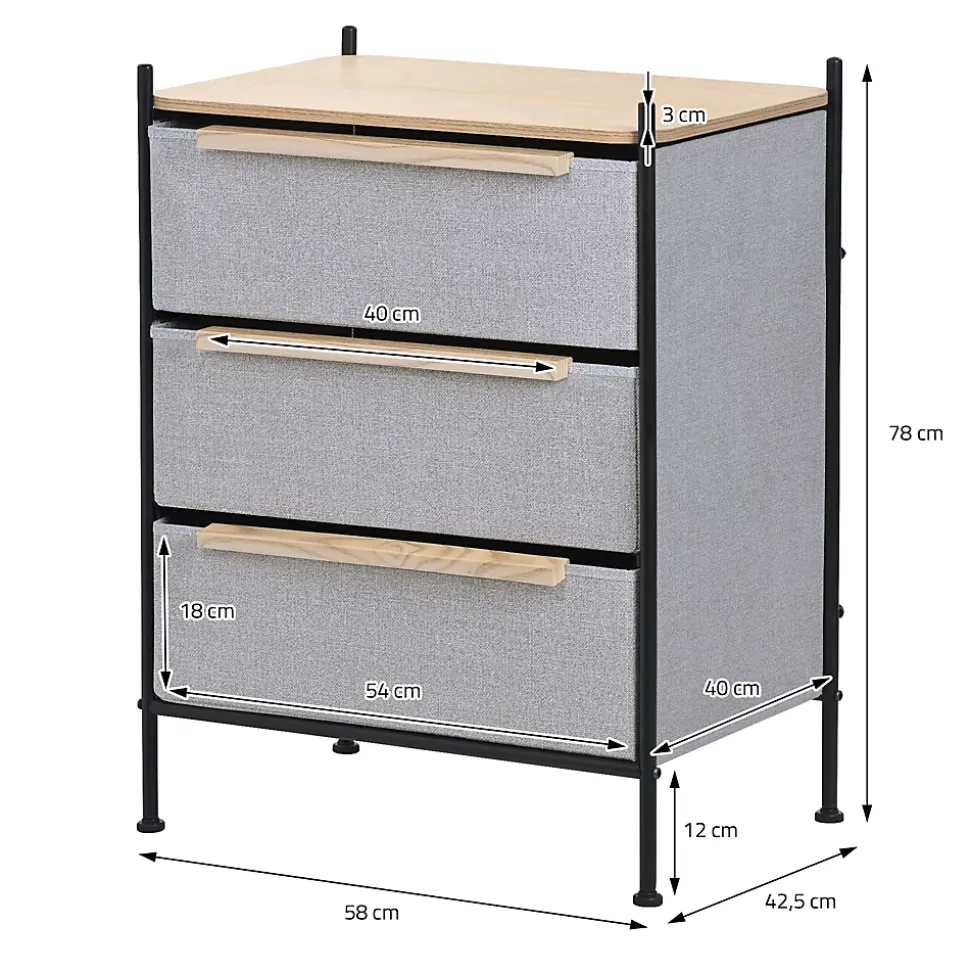 Commode ML-Design à 3 tiroirs tissu gris clair 58x78x42,5 cm avec structure en acier aspect chêne
