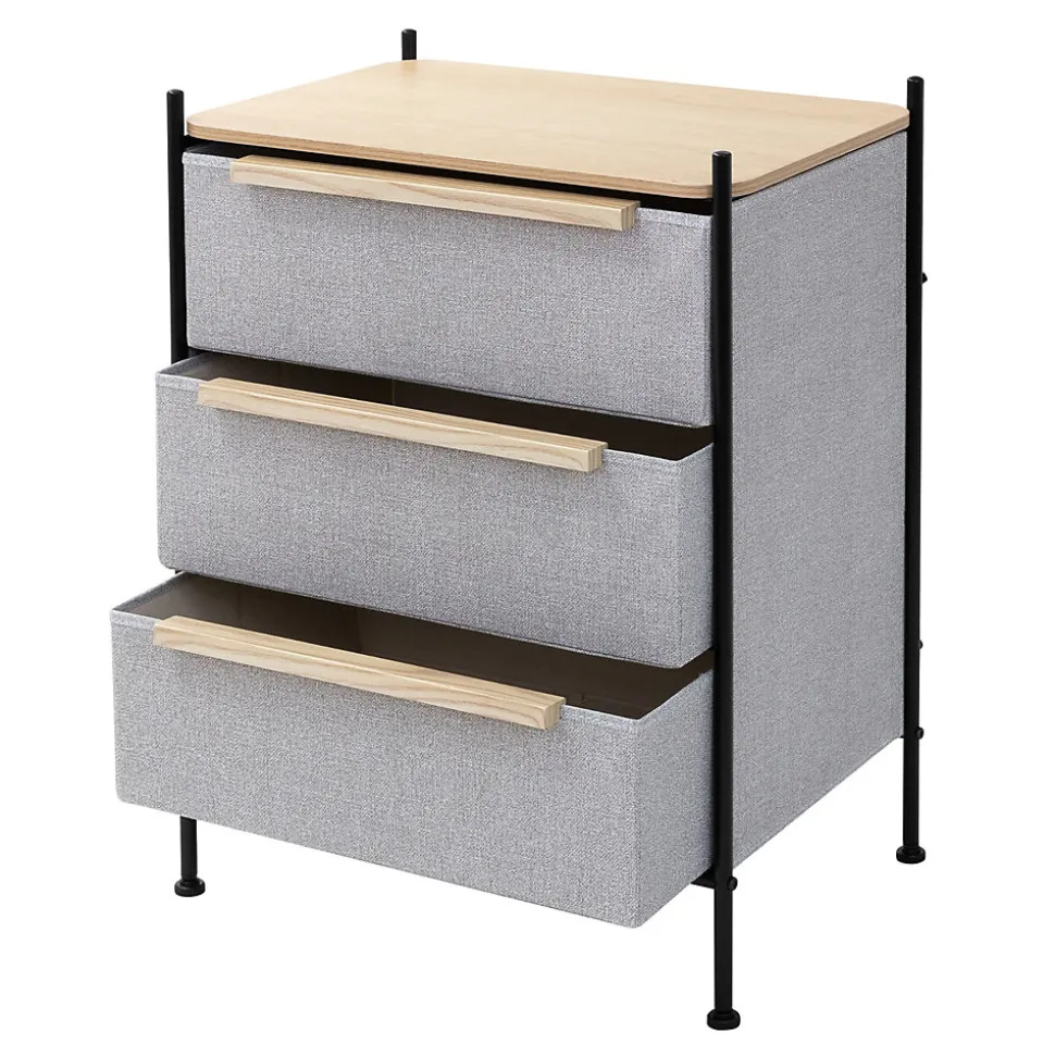 Commode ML-Design à 3 tiroirs tissu gris clair 58x78x42,5 cm avec structure en acier aspect chêne