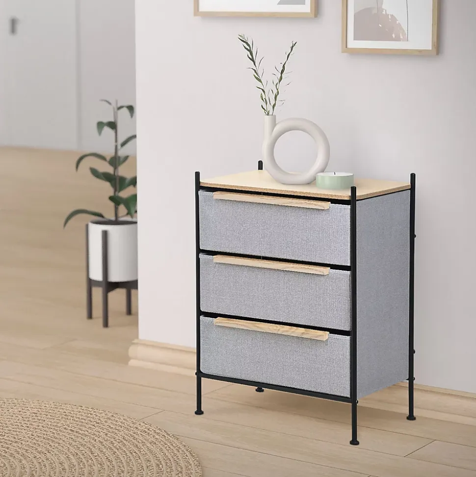 Commode ML-Design à 3 tiroirs tissu gris clair 58x78x42,5 cm avec structure en acier aspect chêne