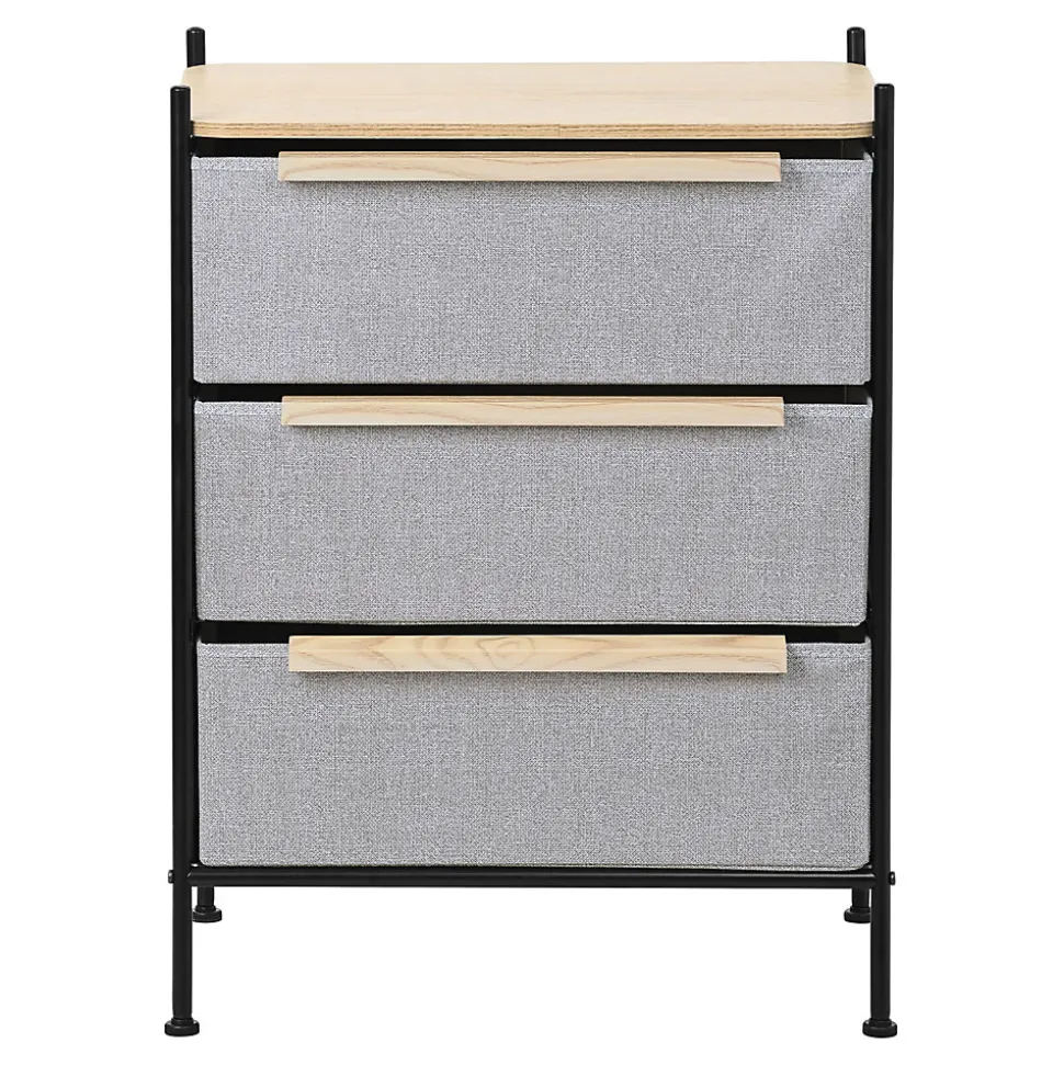 Commode ML-Design à 3 tiroirs tissu gris clair 58x78x42,5 cm avec structure en acier aspect chêne