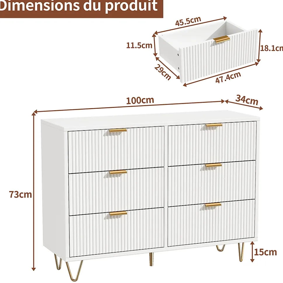 Commode moderne bois et rotin 6 tiroirs, meuble de rangement multifonction pour chambre salon couloir, design élégant et compact