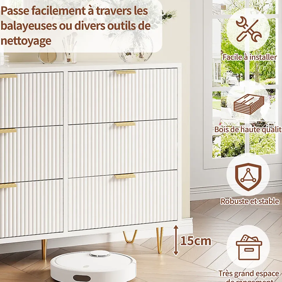 Commode moderne bois et rotin 6 tiroirs, meuble de rangement multifonction pour chambre salon couloir, design élégant et compact