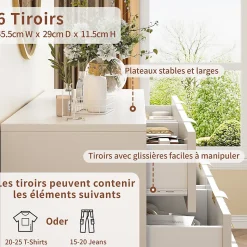 Commode moderne bois et rotin 6 tiroirs, meuble de rangement multifonction pour chambre salon couloir, design élégant et compact