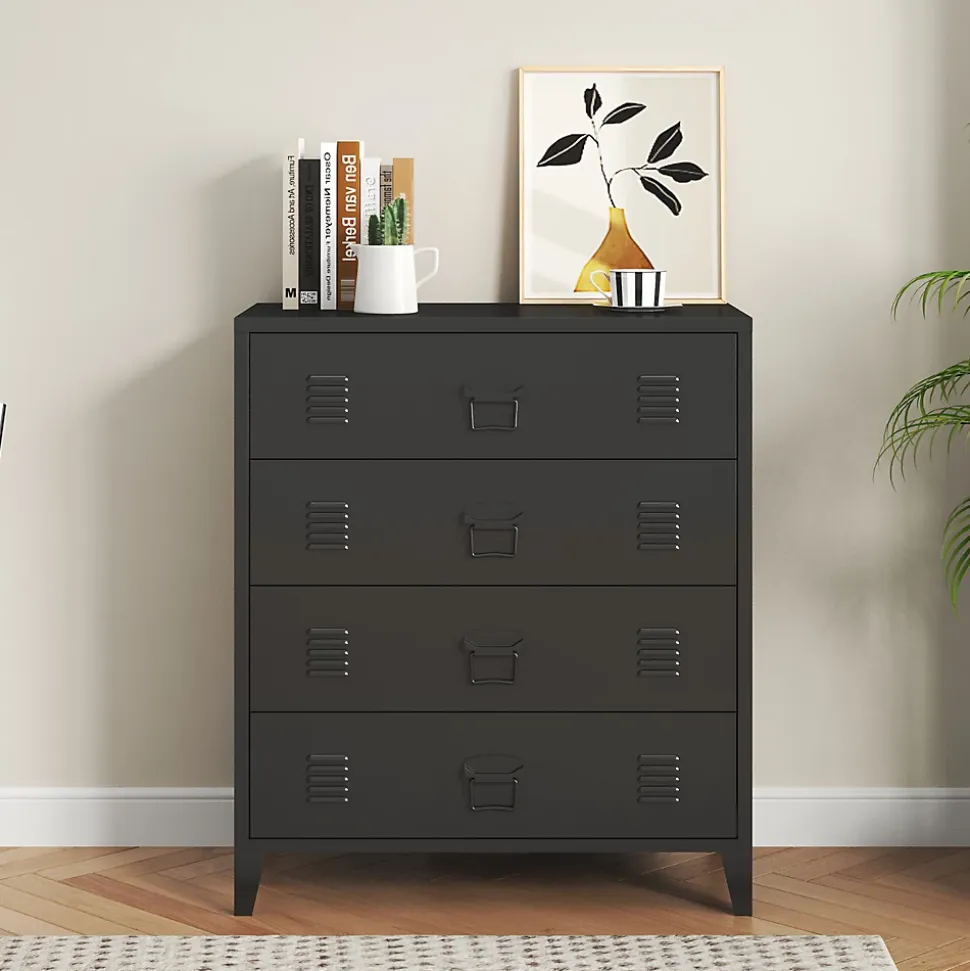 Commode métallique Hämeenlinna avec 4 tiroirs acier 92 x 80 x 40 cm noir en.casa