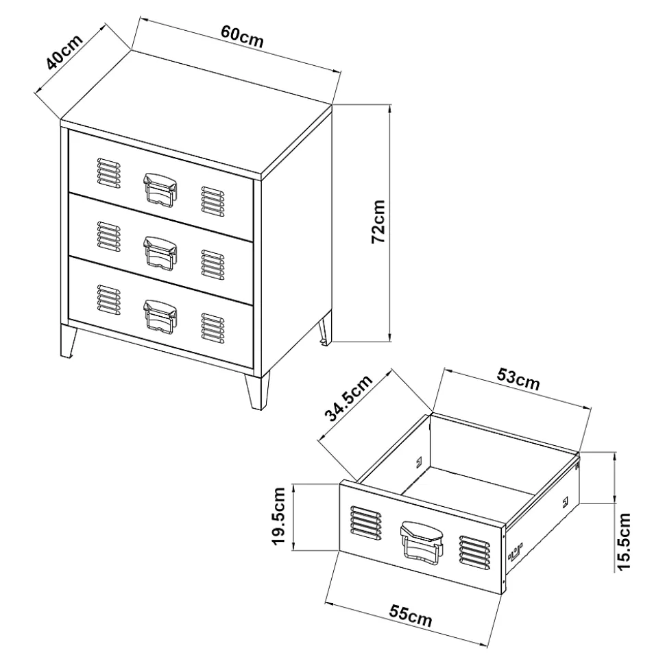 Commode métallique Hämeenlinna avec 3 tiroirs acier 72 x 60 x 40 cm jaune en.casa