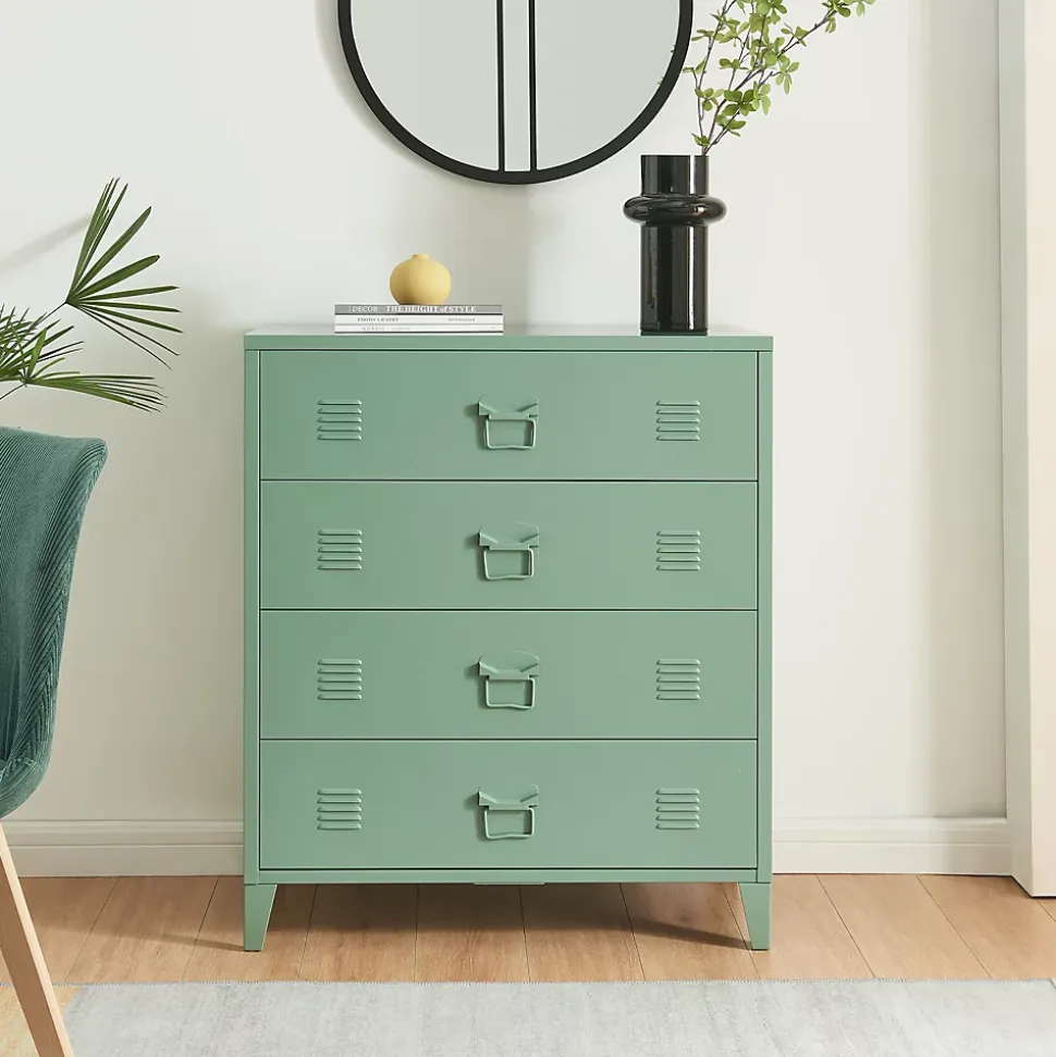 Commode métallique Hämeenlinna avec 4 tiroirs acier 92 x 80 x 40 cm vert mat en.casa