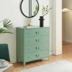 Commode métallique Hämeenlinna avec 4 tiroirs acier 92 x 80 x 40 cm vert mat en.casa