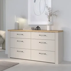 Commode NELLEKE AUCUNE 6 tiroirs 156,3x41,3x83,1 cm sable doux plateau chene Mauvella