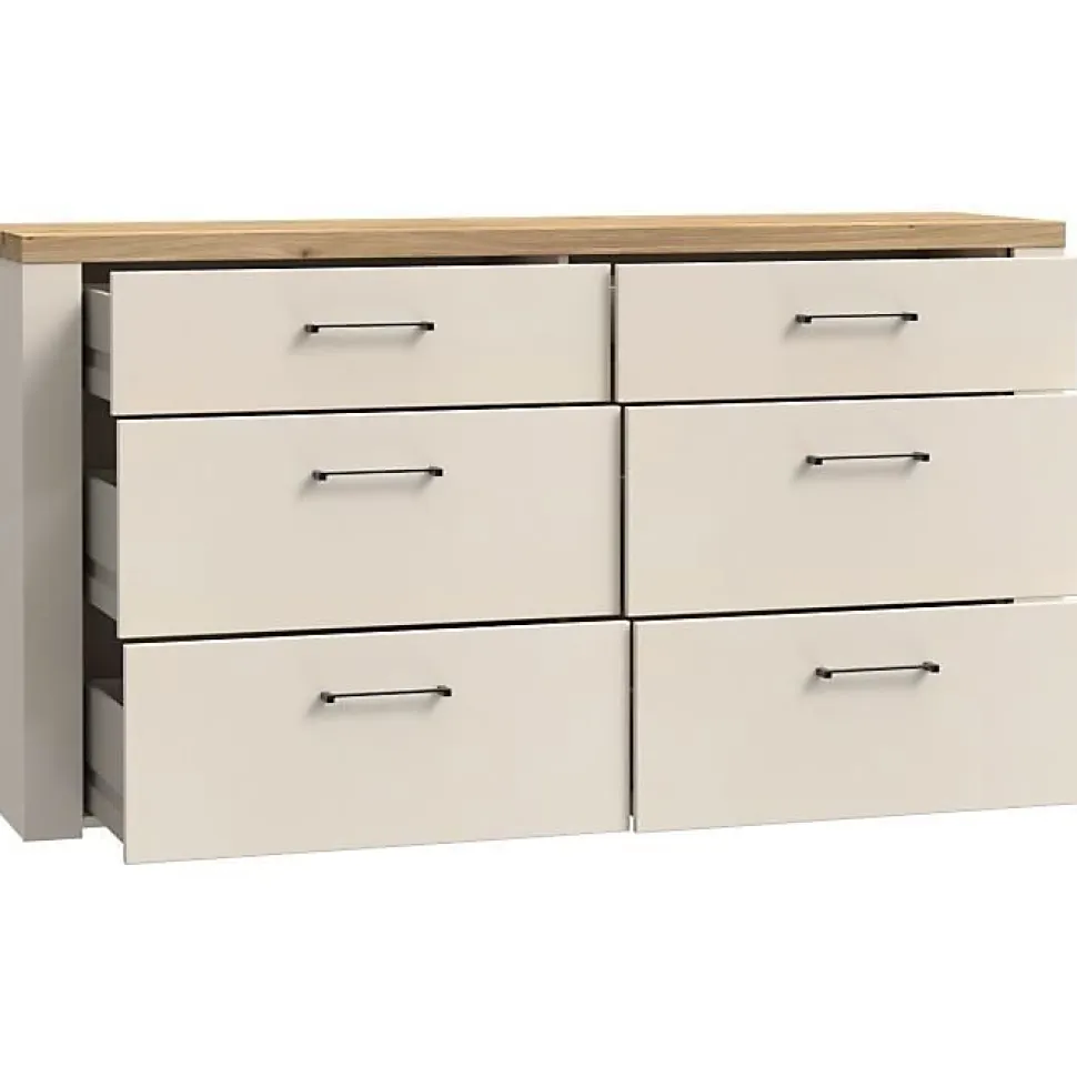 Commode NELLEKE AUCUNE 6 tiroirs 156,3x41,3x83,1 cm sable doux plateau chene Mauvella