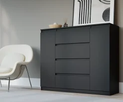 Commode, noir, 140 x 39 x 101 cm, 2 portes, 4 tiroirs