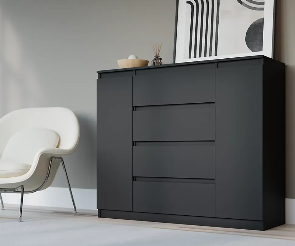 Commode, noir, 140 x 39 x 101 cm, 2 portes, 4 tiroirs