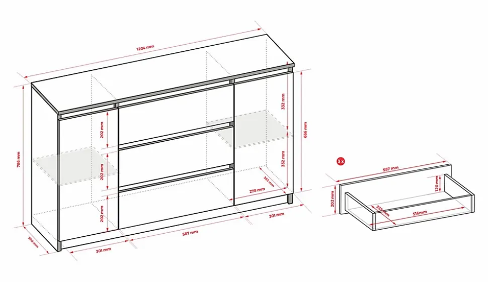Commode, noir mat, noir brillant, 120 x 39 x 78 cm, 2 portes, 3 tiroirs