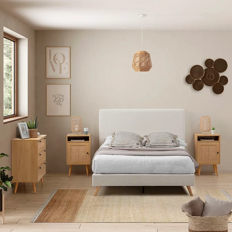 Commode nuit Bella 3 tiroirs couleur chêne avec rotin naturel