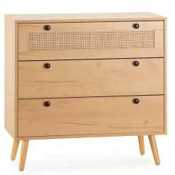 Commode nuit Bella 3 tiroirs couleur chêne avec rotin naturel