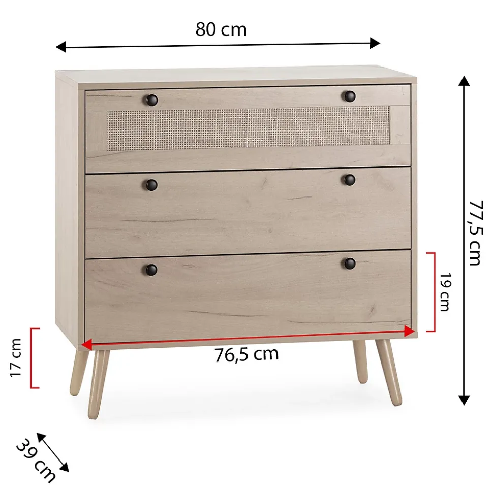 Commode nuit Bella 3 tiroirs couleur chêne avec rotin naturel