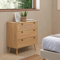 Commode nuit Bella 3 tiroirs couleur chêne avec rotin naturel