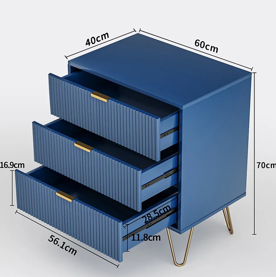 Commode, pieds et poignées en métal doré, robuste et durable, avec 3 tiroirs, bleu
