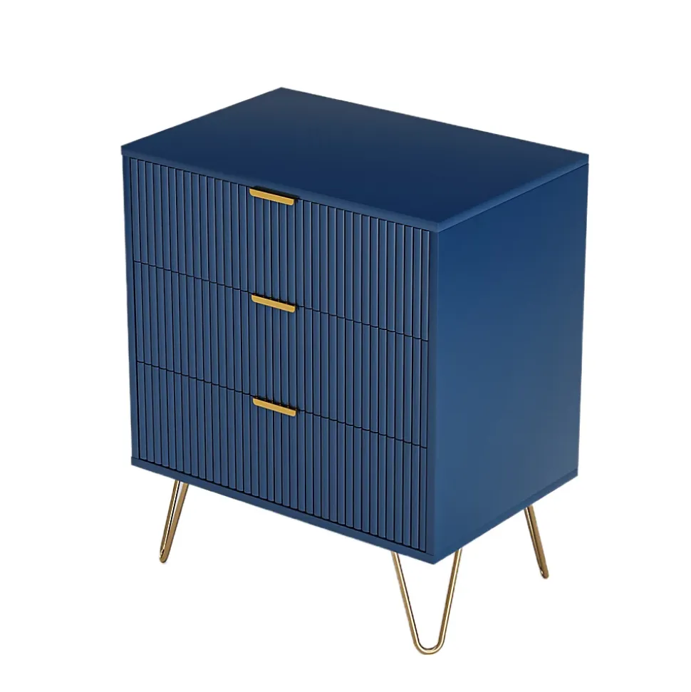 Commode, pieds et poignées en métal doré, robuste et durable, avec 3 tiroirs, bleu