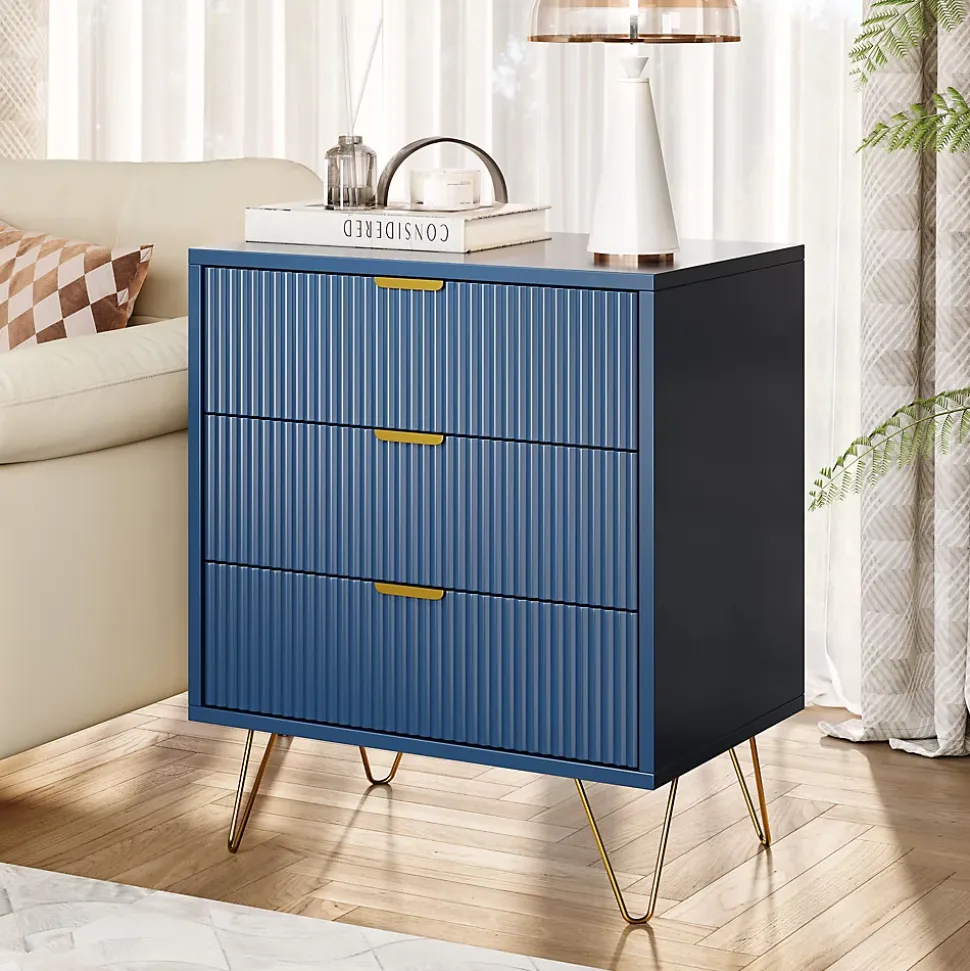 Commode, pieds et poignées en métal doré, robuste et durable, avec 3 tiroirs, bleu