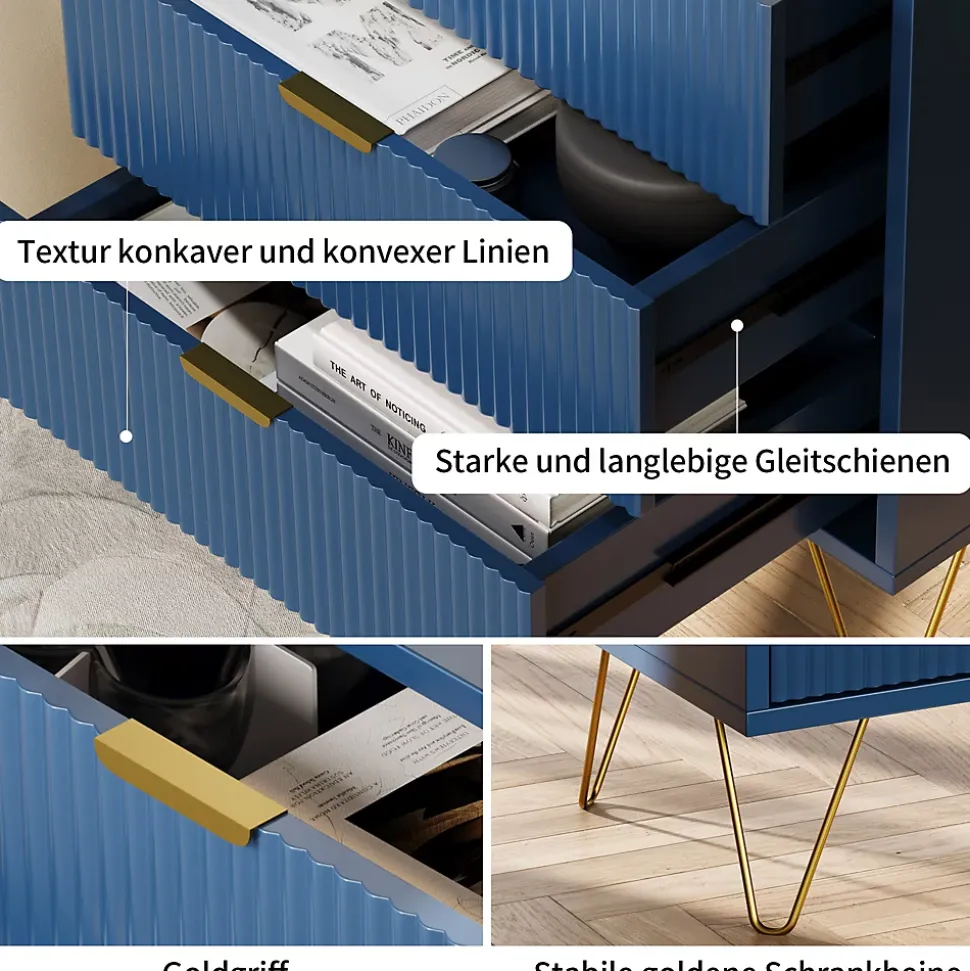 Commode, pieds et poignées en métal doré, robuste et durable, avec 3 tiroirs, bleu